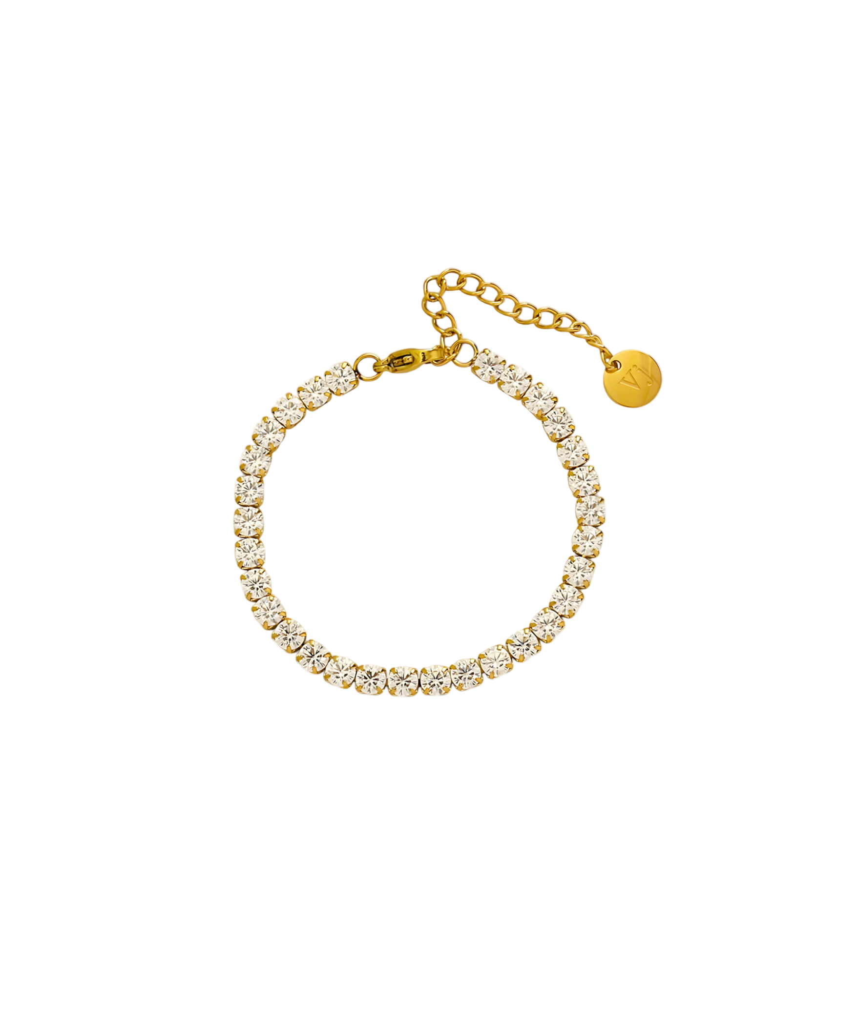 Gold bracelet with clear stones on a white background